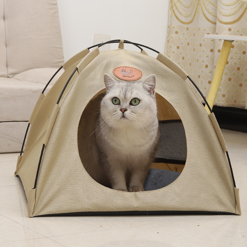 Pet Tent with Warm Soft Bed Pad Cat Play Tent House Beige