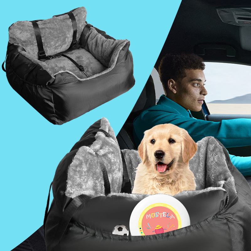 Plush Cosy Pet Car Booster Seat Dog Seat for Small Dogs and Cats with Storage Pocket Safety Leash  Black