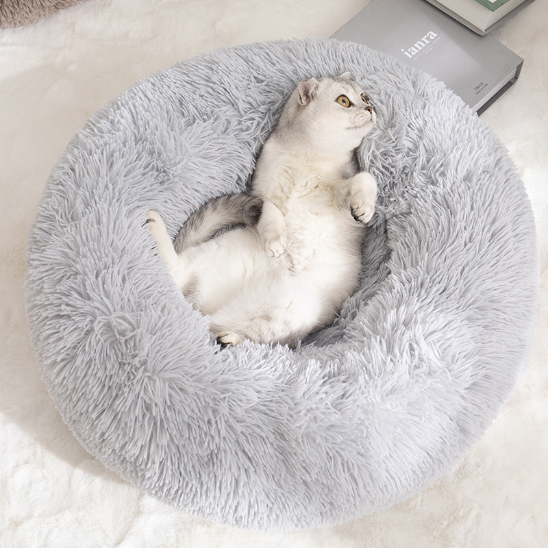 80cm Cat Pad without Zippers Non-removable Calming Plush Cushion Round Pet Bed Light Grey