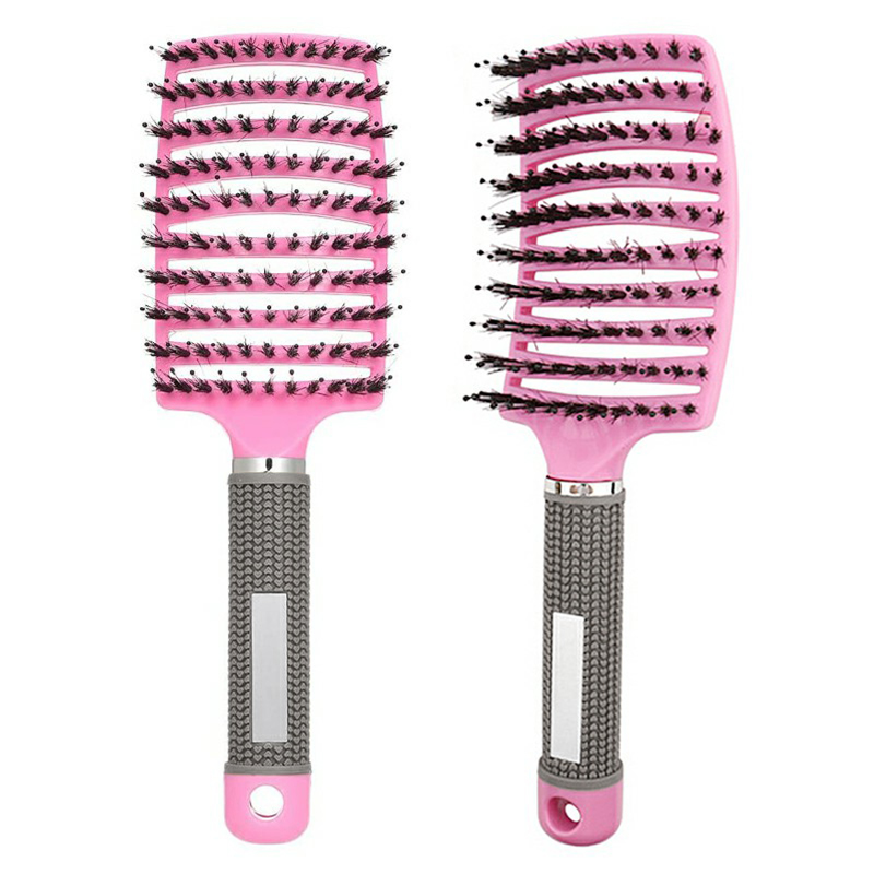 Natural Boar Large Bristle Detangling Nylon Brush Curved Curly Hair Styler Gifts Pink