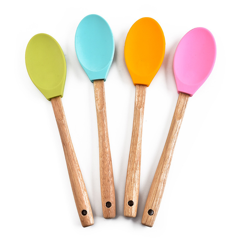 Large Silicone Spoon Stirrer with Wooden Handle for Kitchen Random Colour