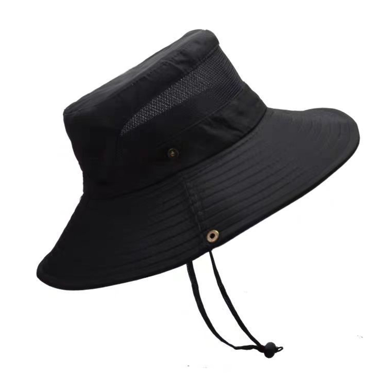 Adjustable Chin Strap Safari Boonie Hat Summer UV Protection Sun Hat Foldable Fishing Hat Black