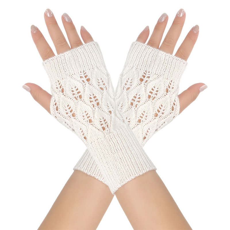 Women Winter Knitted Long Fingerless Gloves Arm Hand Warmer Soft Mittens White