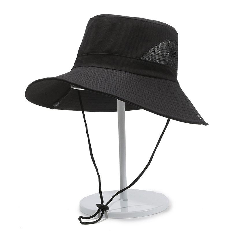 Adjustable Chin Strap Safari Boonie Hat Summer UV Protection Sun Hat Foldable Fishing Hat Black