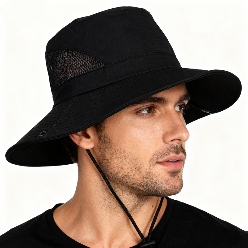 Adjustable Chin Strap Safari Boonie Hat Summer UV Protection Sun Hat Foldable Fishing Hat Black