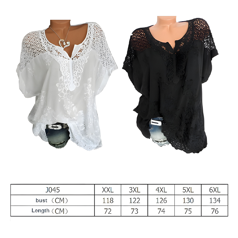 Black Women V Neck Plus Size Shirt Summer Lace Tops Casual Blouse Pullover Tee 3XL