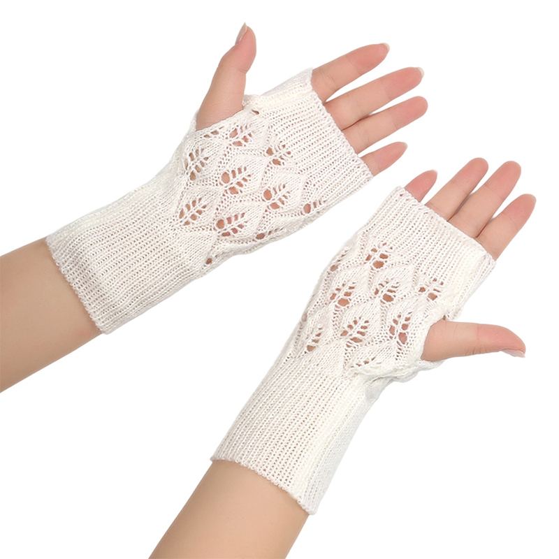 Women Winter Knitted Long Fingerless Gloves Arm Hand Warmer Soft Mittens White
