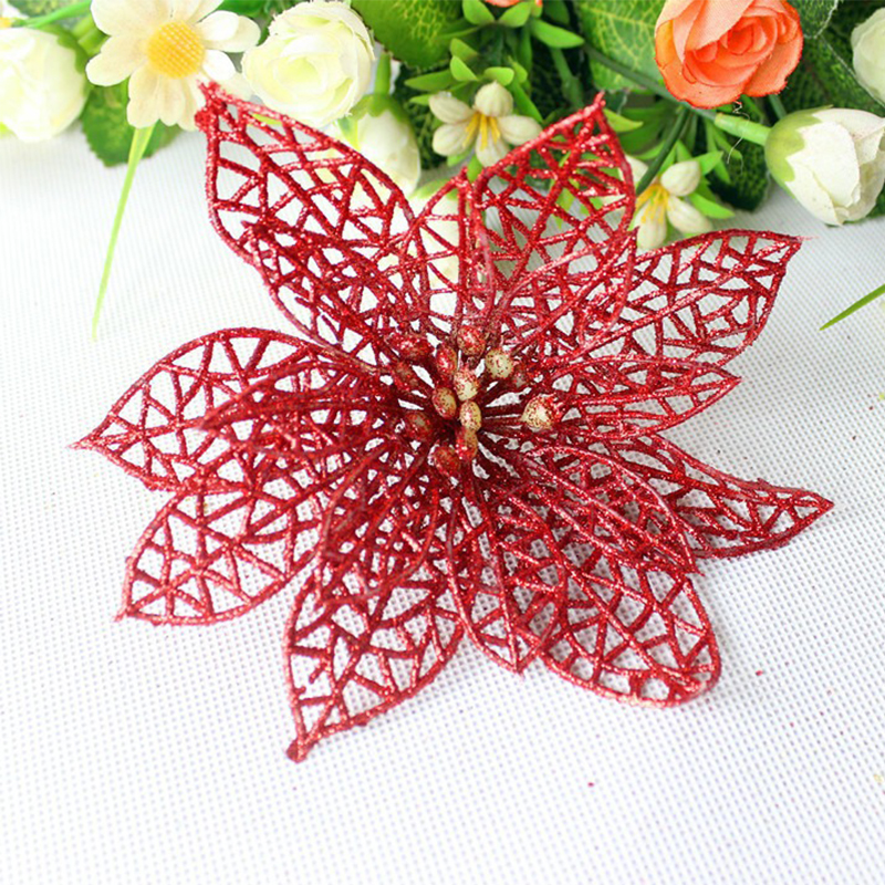 Assorted Colours Poinsettia Flower Glitter with Clip Christmas Tree Decoration Xmas Gifts Random sent