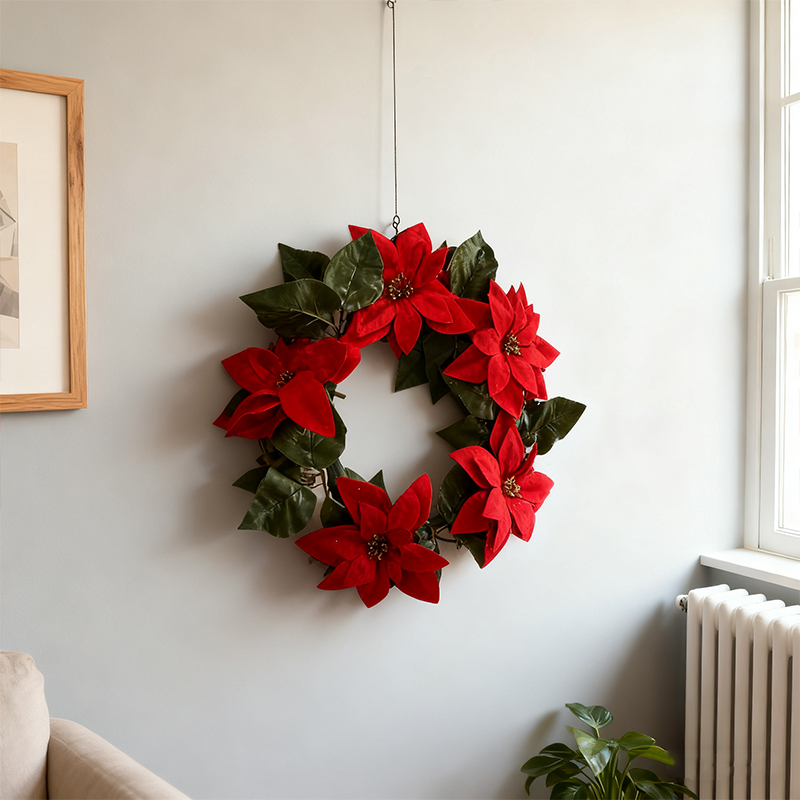 Christmas Festive Door Wreath with Red Poinsettia Flowers 20cm