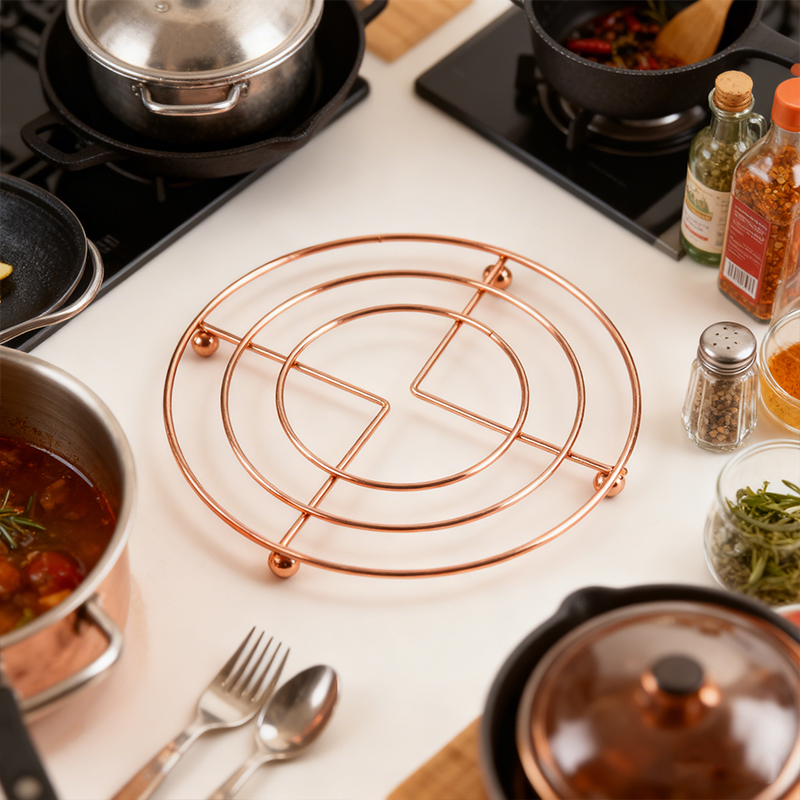 Round Chrome Trivet Copper Colour Hot Pad Safety Holder Useful Gift 18cm