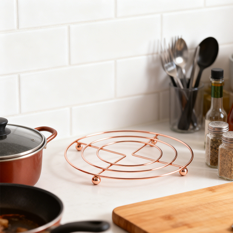 Round Chrome Trivet Copper Colour Hot Pad Safety Holder Useful Gift 18cm