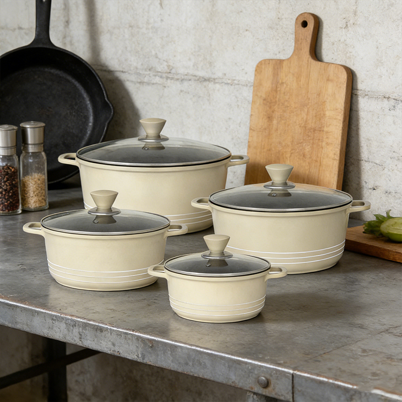 4PCS Die Cast Stockpot Pan with Lids Non Stick Cookware Set Stockpot Pan Stock Pot Kitchen Cooking Cream Color