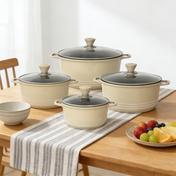 4PCS Die Cast Stockpot Pan with Lids Non Stick Cookware Set Stockpot Pan Stock Pot Kitchen Cooking Cream Color