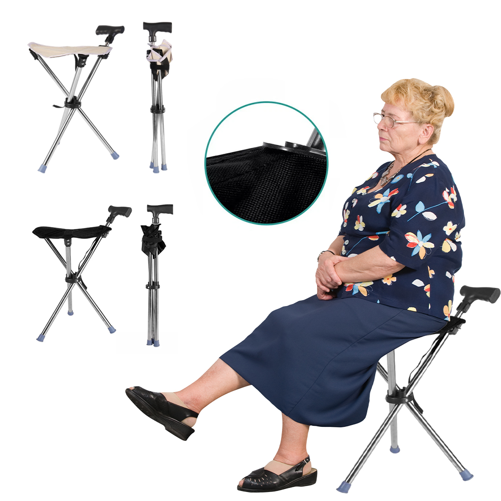 Folding Portable Walking Stick Seat Adjustable Aluminium Cane Chair Stool Apricot