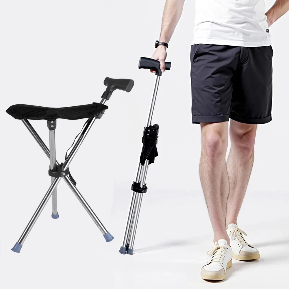 Folding Portable Walking Stick Seat Aluminium Cane Chair Stool Black