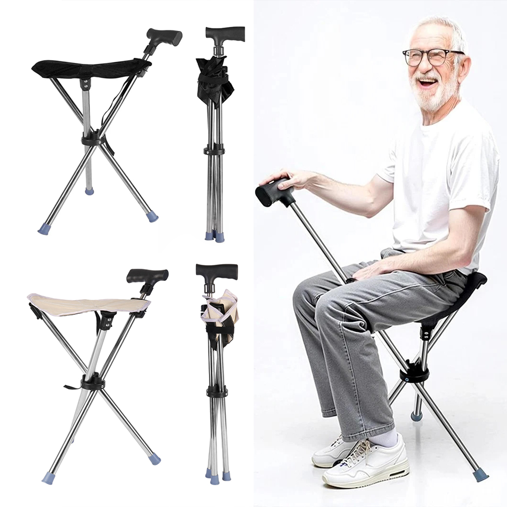 Folding Portable Walking Stick Seat Aluminium Cane Chair Stool Black