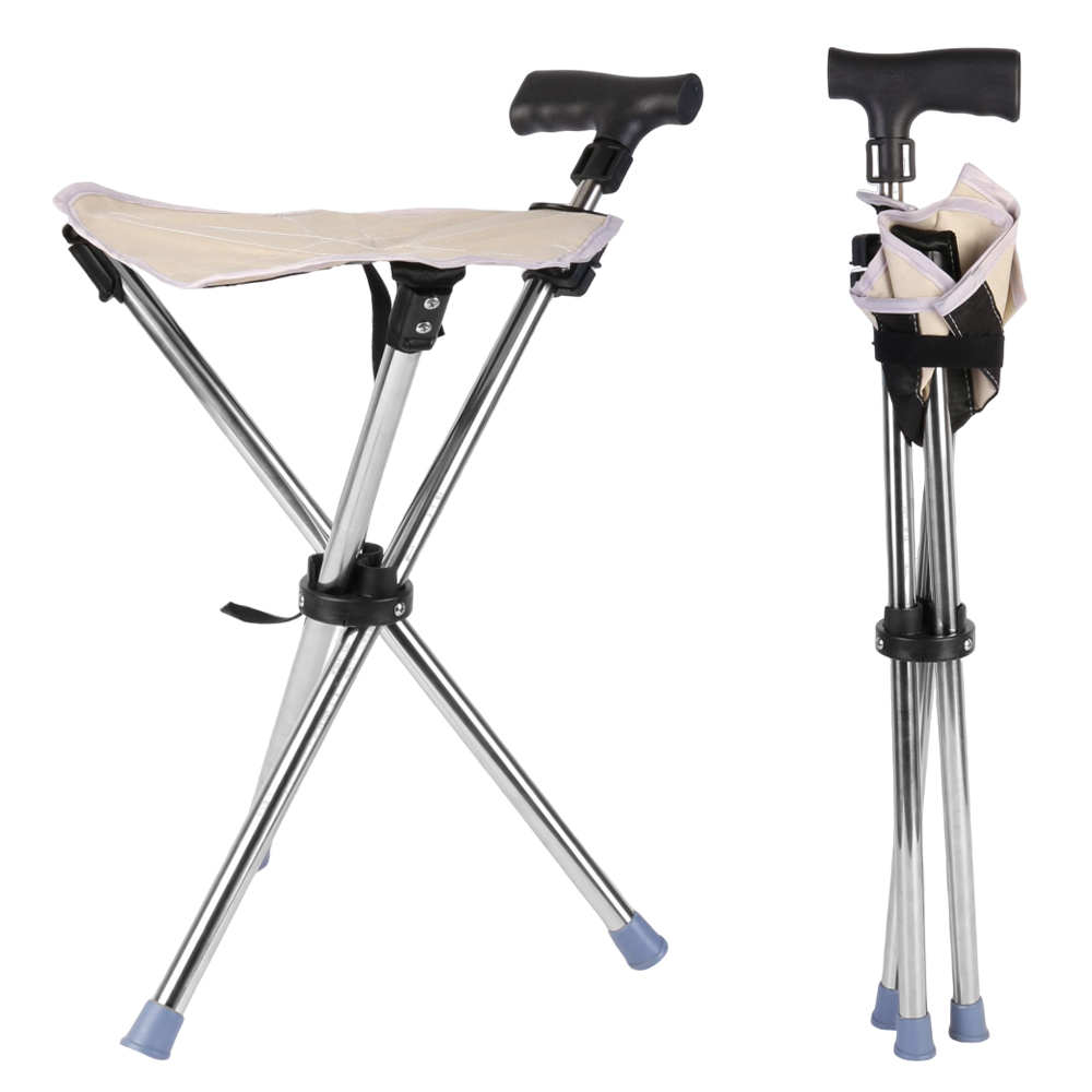 Folding Portable Walking Stick Seat Adjustable Aluminium Cane Chair Stool Apricot