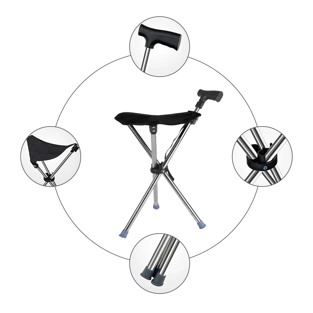 Folding Portable Walking Stick Seat Aluminium Cane Chair Stool Black