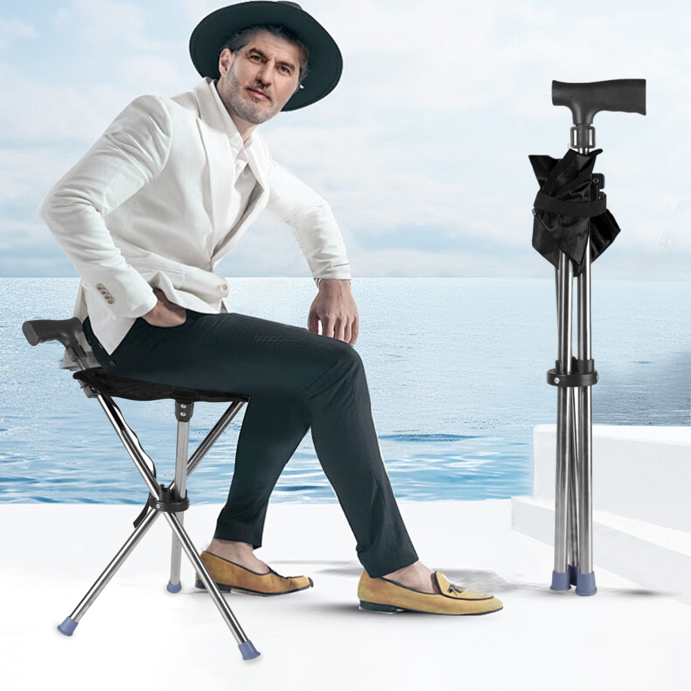 Folding Portable Walking Stick Seat Aluminium Cane Chair Stool Black