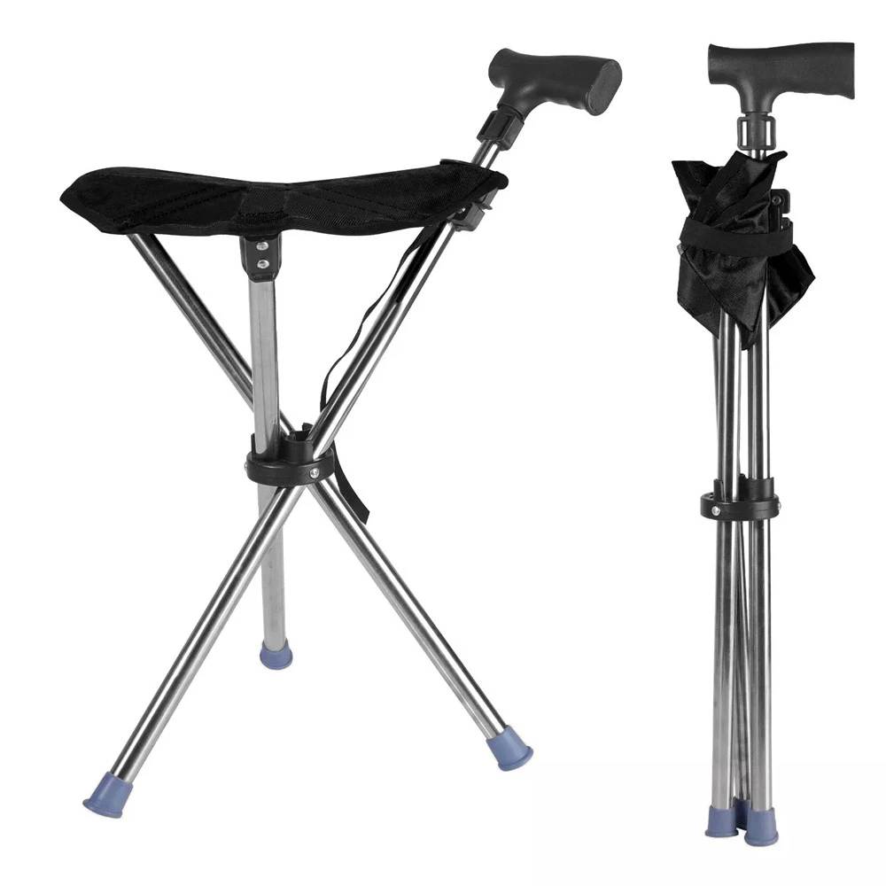 Folding Portable Walking Stick Seat Aluminium Cane Chair Stool Black