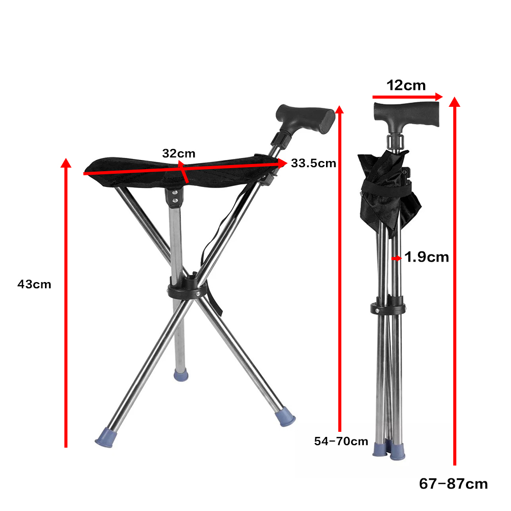 Folding Portable Walking Stick Seat Adjustable Aluminium Cane Chair Stool Apricot