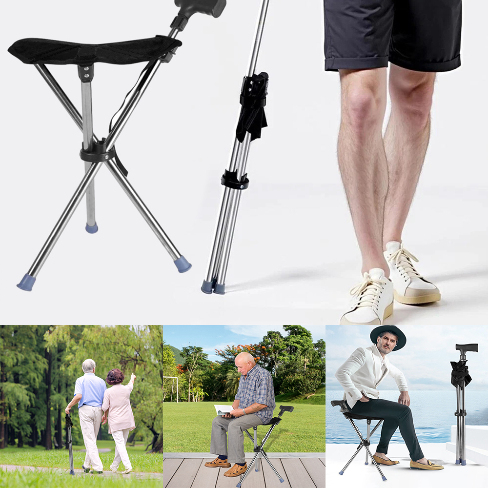 Folding Portable Walking Stick Seat Adjustable Aluminium Cane Chair Stool Apricot
