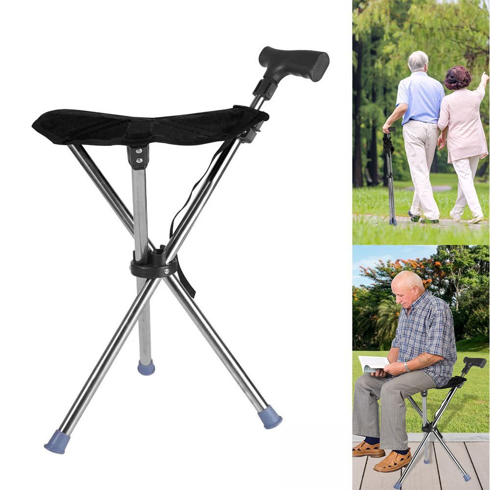 Folding Portable Walking Stick Seat Aluminium Cane Chair Stool Black