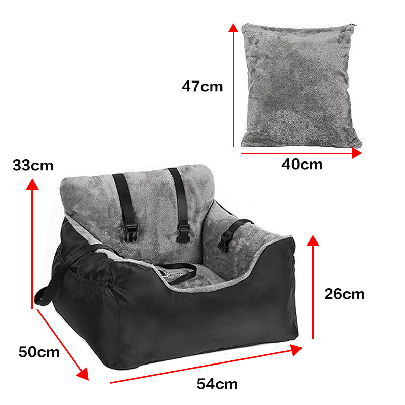 Plush and comfortable pet car booster seat, suitable for small dogs and cats, equipped with storage bag and safety rope, gray