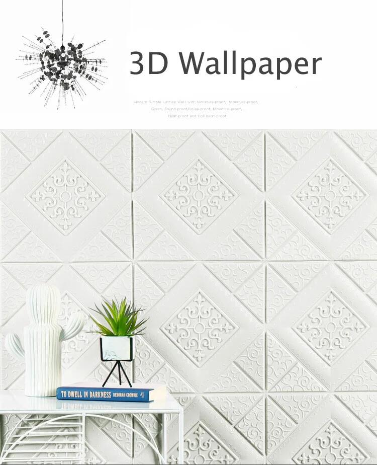 10pcs 3D Tile Brick Wall Sticker Waterproof Foam Panel Self-adhesive Wallpaper -White Pineapple Grid Home