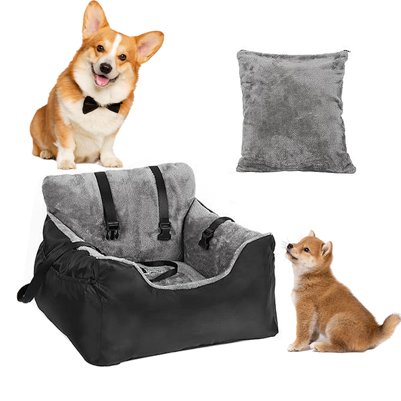 Plush and comfortable pet car booster seat, suitable for small dogs and cats, equipped with storage bag and safety rope, gray