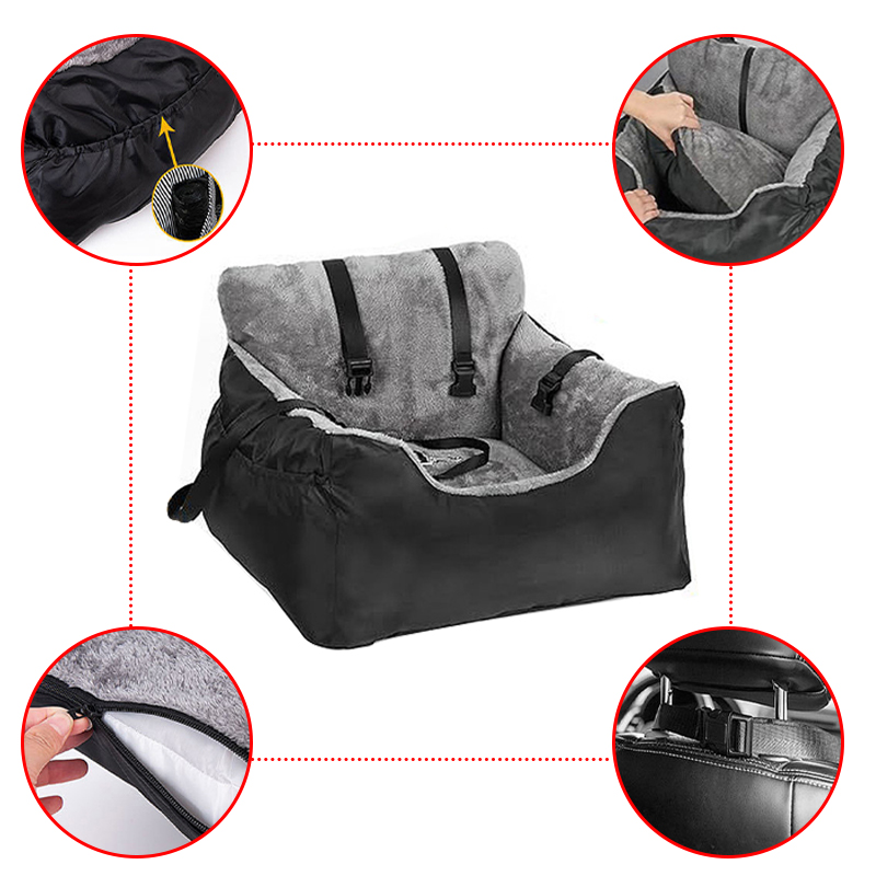 Plush and comfortable pet car booster seat, suitable for small dogs and cats, equipped with storage bag and safety rope, gray