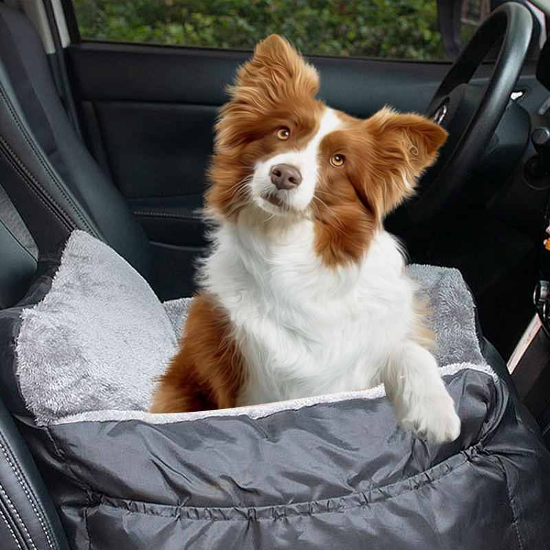 Plush and comfortable pet car booster seat, suitable for small dogs and cats, equipped with storage bag and safety rope, gray
