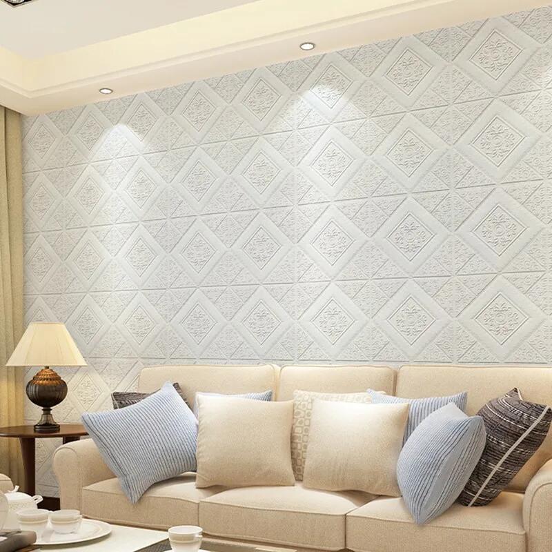 10pcs 3D Tile Brick Wall Sticker Waterproof Foam Panel Self-adhesive Wallpaper -White Pineapple Grid Home