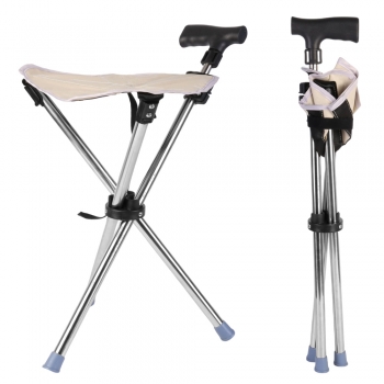 Folding Portable Walking Stick Seat Adjustable Aluminium Cane Chair Stool Apricot