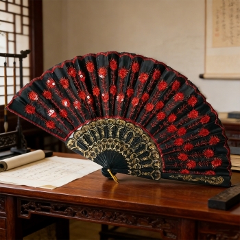 Embroidered mini Chinese hand fan featuring patterned sequins random colors