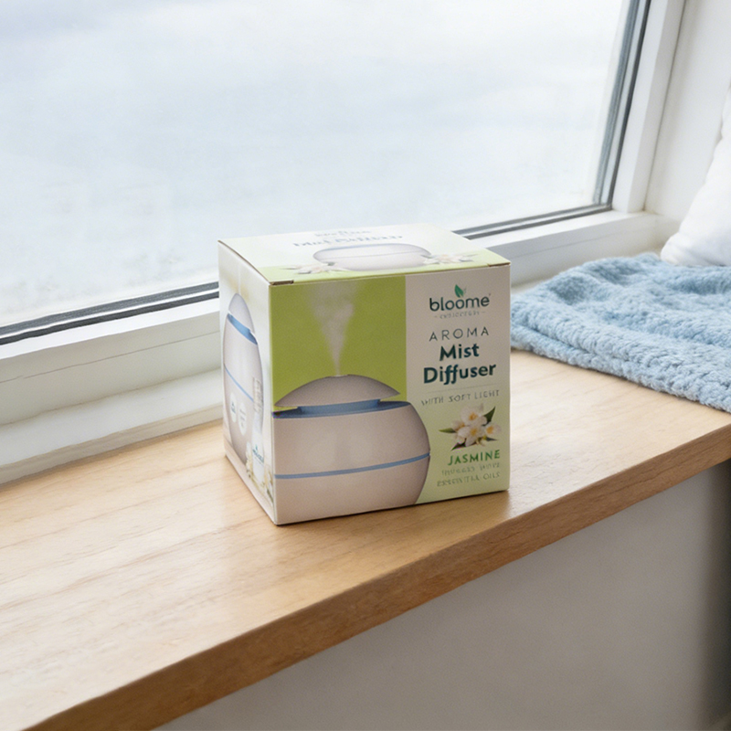 200mL Aroma Mist Diffuser with Soft Light Jasmine Fragrance Oil USB Round Aromatherapy Humidifier