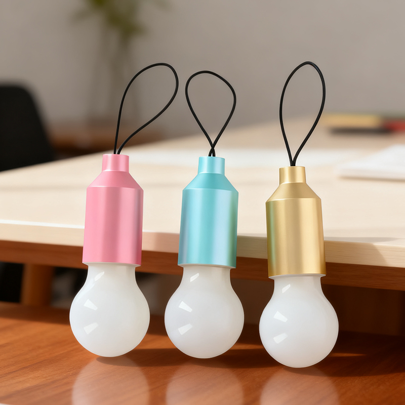 Pull-string switch keychain in the shape of a small LED bulb, 5.5cm, random color