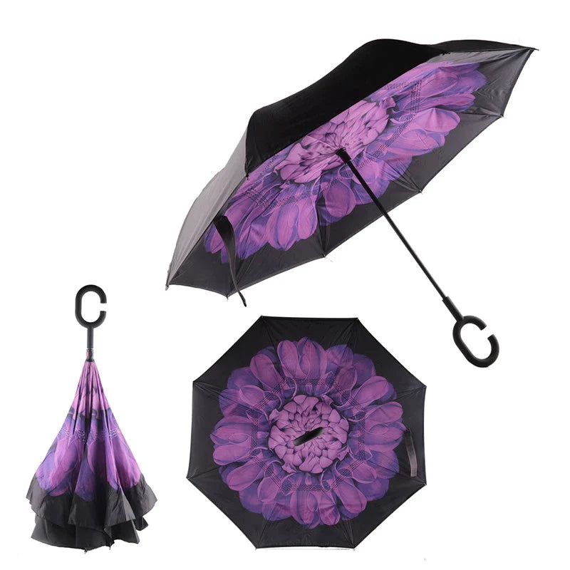 Reverse Inverted Double Layer Umbrella with C Handle Assorted Designs 80cm