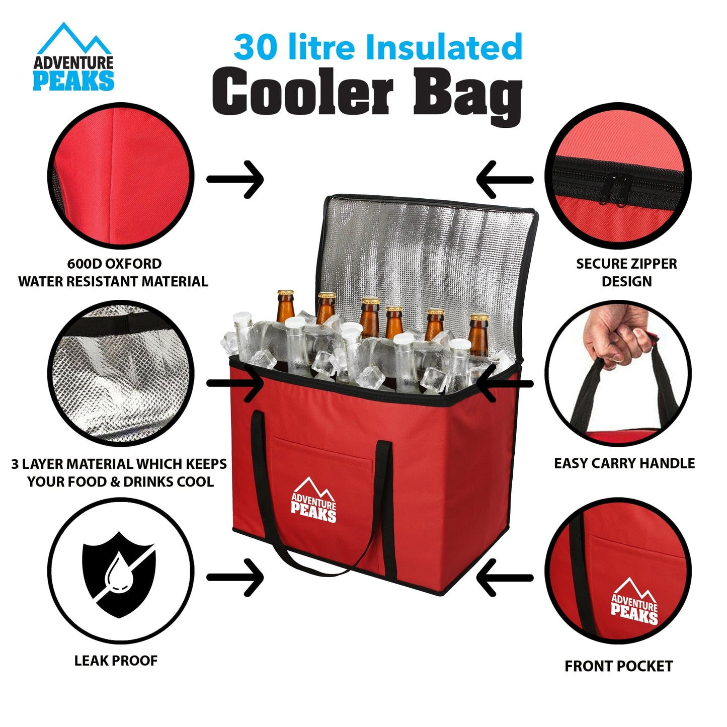 Insulated Camping Cooler Bag 30L 40 x 26 x 33cm Red