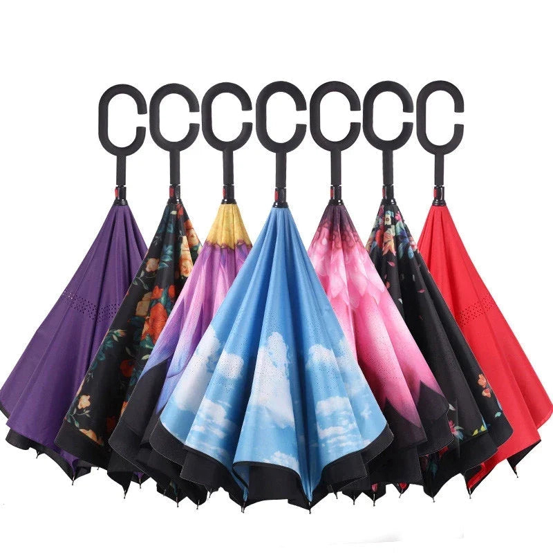 C-handle reverse folding double-layer umbrella, multiple styles to choose from - 80cm