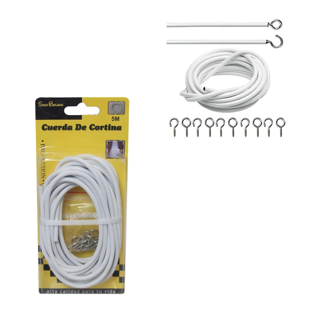 Net Curtain Wire Window Cord Cable with Hooks for Indoor Outdoor 5m  White Home