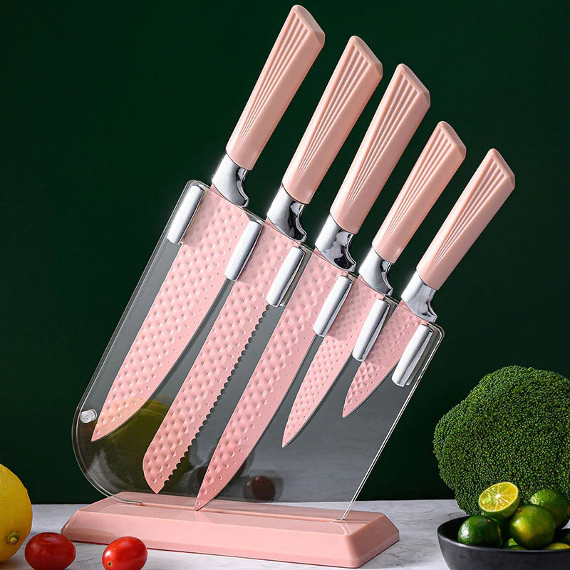 Knife Set with Acrylic Knife Block Damascus Effect Stainless Steel Blades 5 Pieces Kitchen Knife Sets Random Colour Home