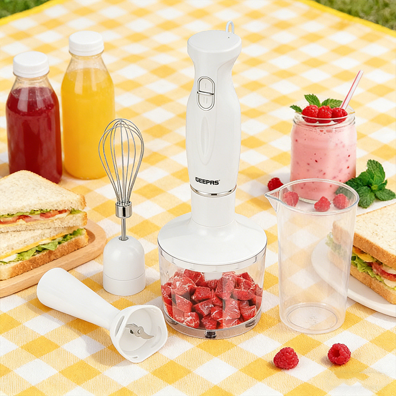 4 in 1 Hand Blender Stick including Egg Whisk 500mL Chopper 600mL Beaker 200W Electric Stick Blender White