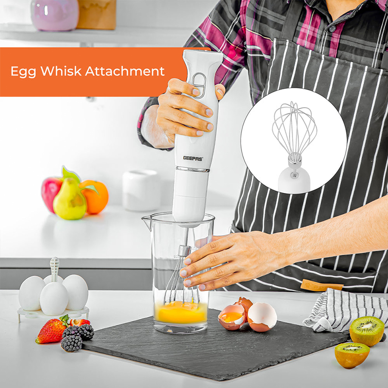 4 in 1 Hand Blender Stick including Egg Whisk 500mL Chopper 600mL Beaker 200W Electric Stick Blender White