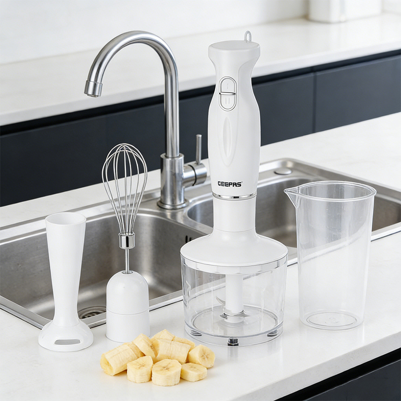 4 in 1 Hand Blender Stick including Egg Whisk 500mL Chopper 600mL Beaker 200W Electric Stick Blender White