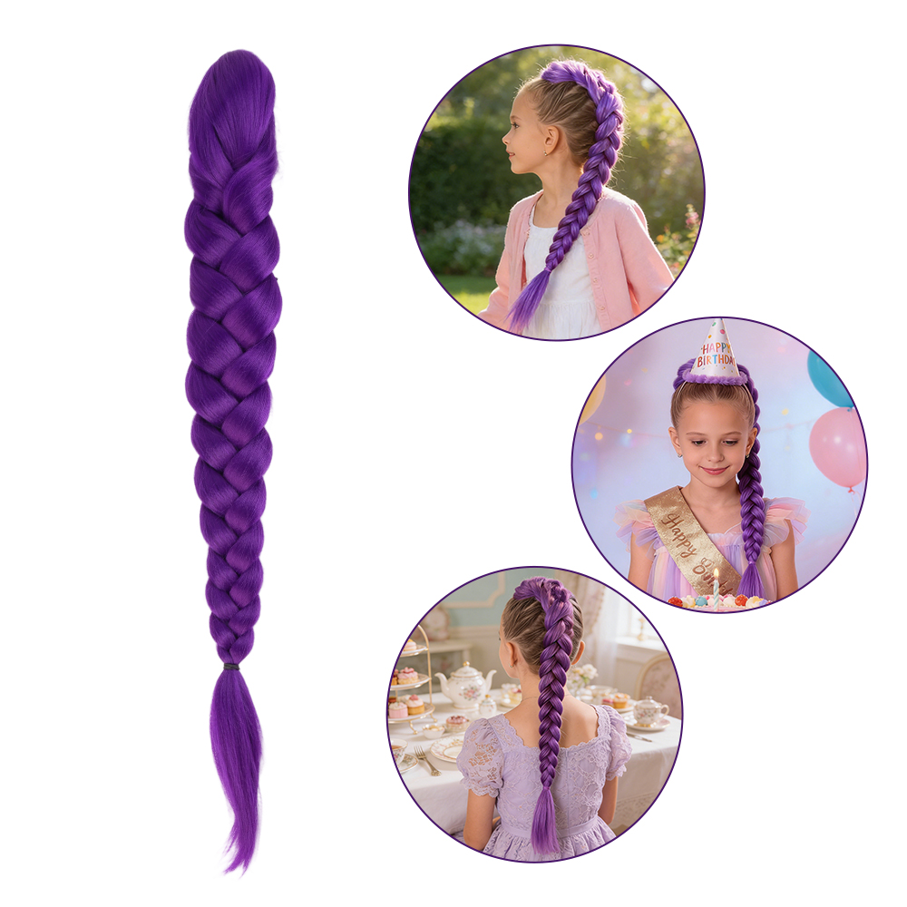 27.5 Inch Claw Clip Purple Braided Hair One Piece Fake Hair Ponytail Hair Extension Easy Install for Kids Women Cosplay Stage Party