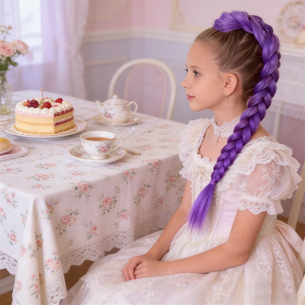 27.5 Inch Claw Clip Purple Braided Hair One Piece Fake Hair Ponytail Hair Extension Easy Install for Kids Women Cosplay Stage Party