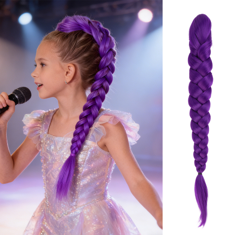 27.5 Inch Claw Clip Purple Braided Hair One Piece Fake Hair Ponytail Hair Extension Easy Install for Kids Women Cosplay Stage Party