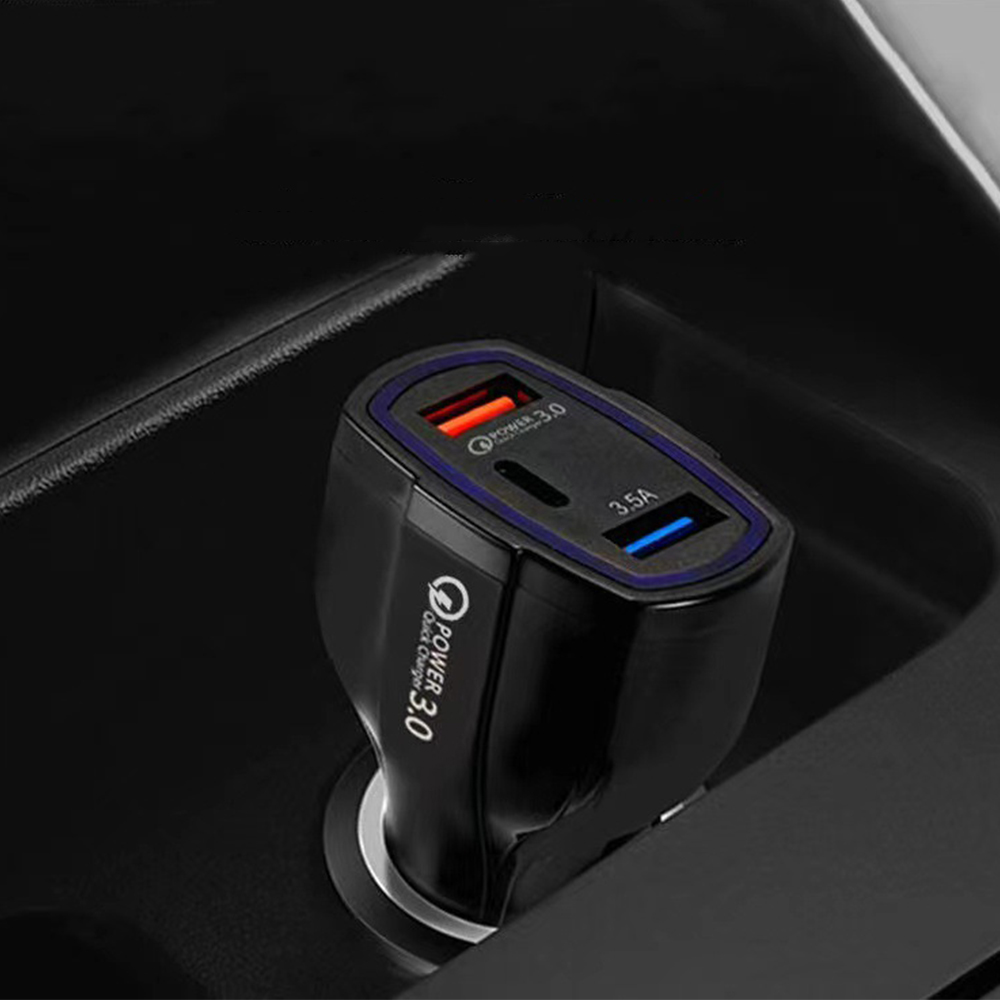 Black QC3.0 Dual USB + PD Car Charger Type-C 48W Car Charger Cigarette Lighter Charger Adapter