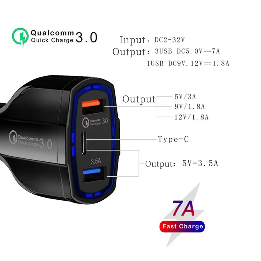 Black QC3.0 Dual USB + PD Car Charger Type-C 48W Car Charger Cigarette Lighter Charger Adapter